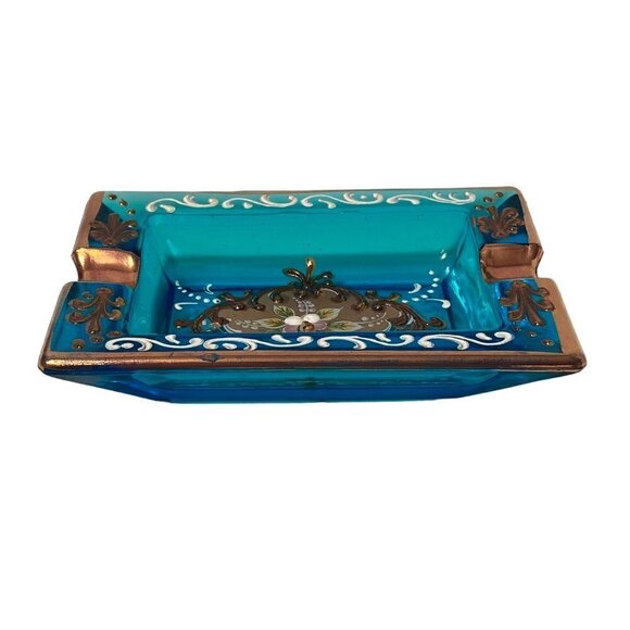Italian Glass Ashtray Ornate Blue Gold Floral Made in Italy Vintage - Picture 8 of 11